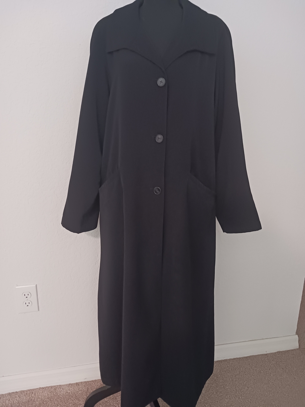 Gallery Long Black Maxi Floor Trench Coat Wm's Sz 12 EUC